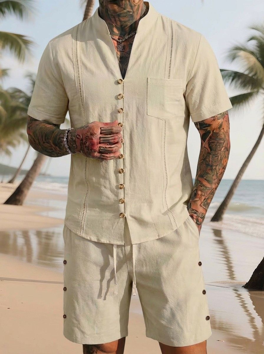 Men's Linen Short Sleeve Shirt And Shorts Set - Retro Casual Pure Color Summer Outfit_viptrois.com