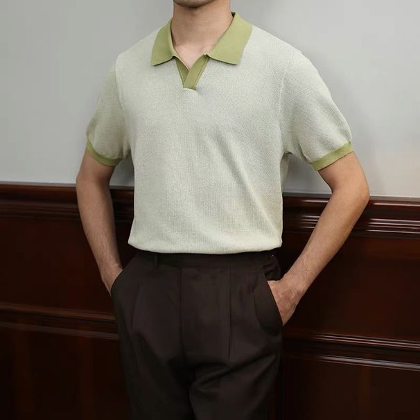 Men's Slim Fit Knitted Polo Shirt Cuban Collar Short Sleeve V Neck Summer T-Shirt Color Block Stretch Top For Men_viptrois.com