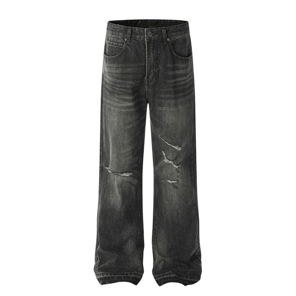 Vintage Punk Distressed Ripped Jeans Street Style Knife Cut Destroyed Washed Frayed Wide Leg Straight Pants For Men_viptrois.com