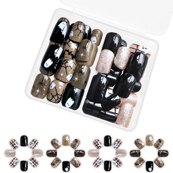 Short Glitter Bright Black Halloween Cobweb Bat Ghost Fashion Nail Art Combination 48 Pieces 24 × 2_viptrois.com