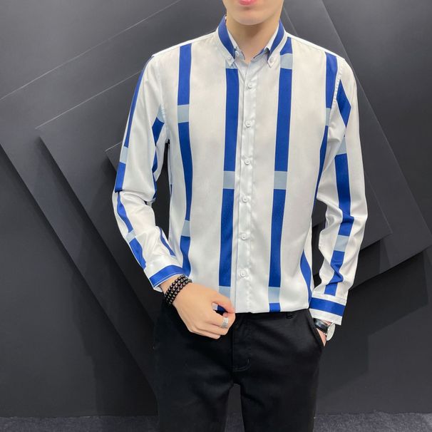 2025 Spring And Autumn New Men's Striped Shirt Men's Long Youth Trend Versatile Fresh Slim Version Non-ironing Shirt_viptrois.com