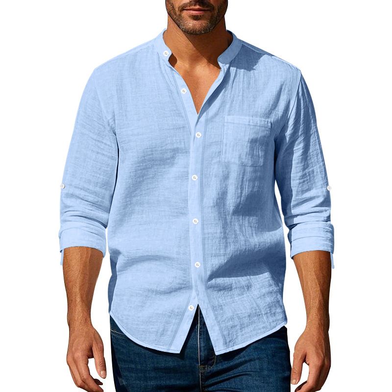 2025 Spring Autumn Linen Long Sleeve Stand Collar Breathable Casual Men's New Chinese Style Pocket Shirt_viptrois.com
