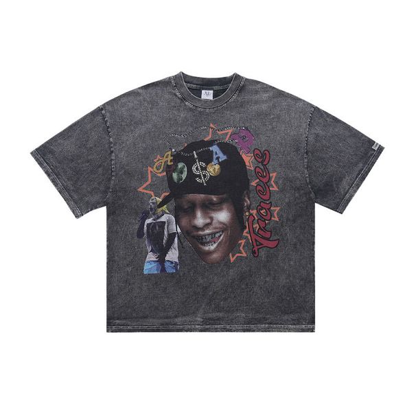 American High Street Portrait Print Short-sleeve T-shirt For Men, Summer Loose Fit, Washed And Distressed,_viptrois.com