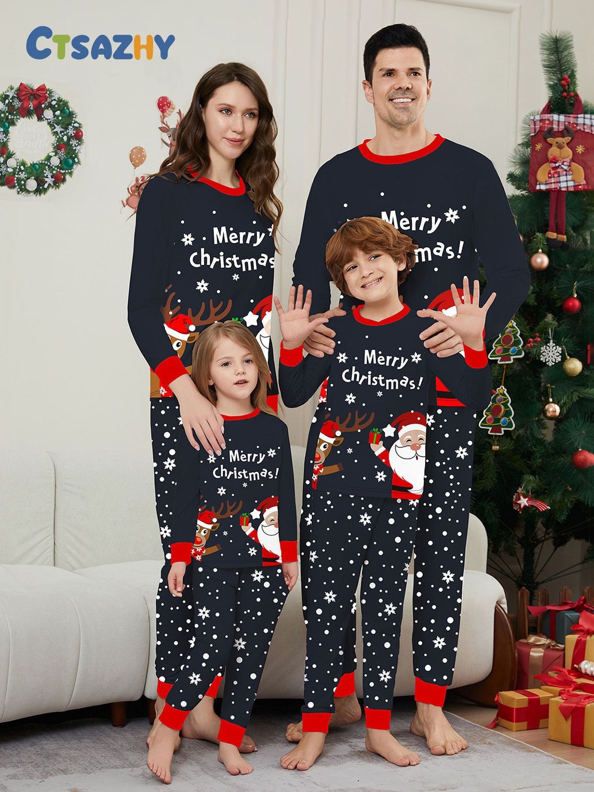 Christmas Santa Fawn Alphabet Christmas Family suit printed homewear sleep_viptrois.com