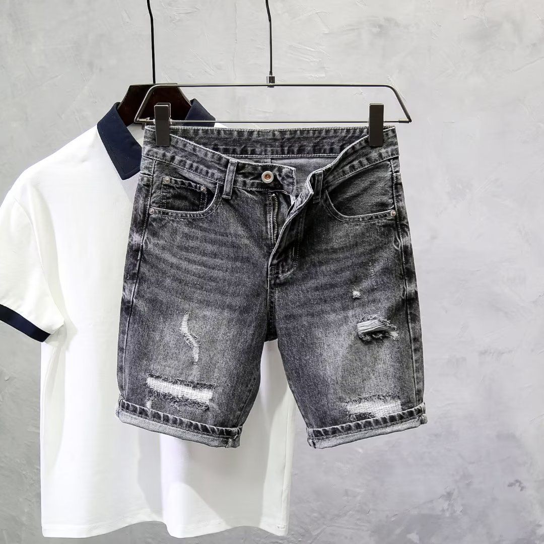 Men's Clothing Ripped Denim Shorts Men's Summer New Style Black And Gray Slim Straight Pants High Street All Match Shorts_viptrois.com