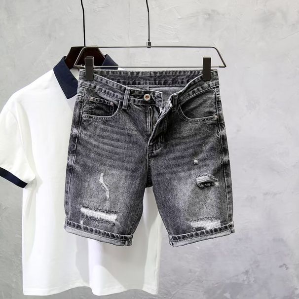 Men's Clothing Ripped Denim Shorts Men's Summer New Style Black And Gray Slim Straight Pants High Street All Match Shorts_viptrois.com