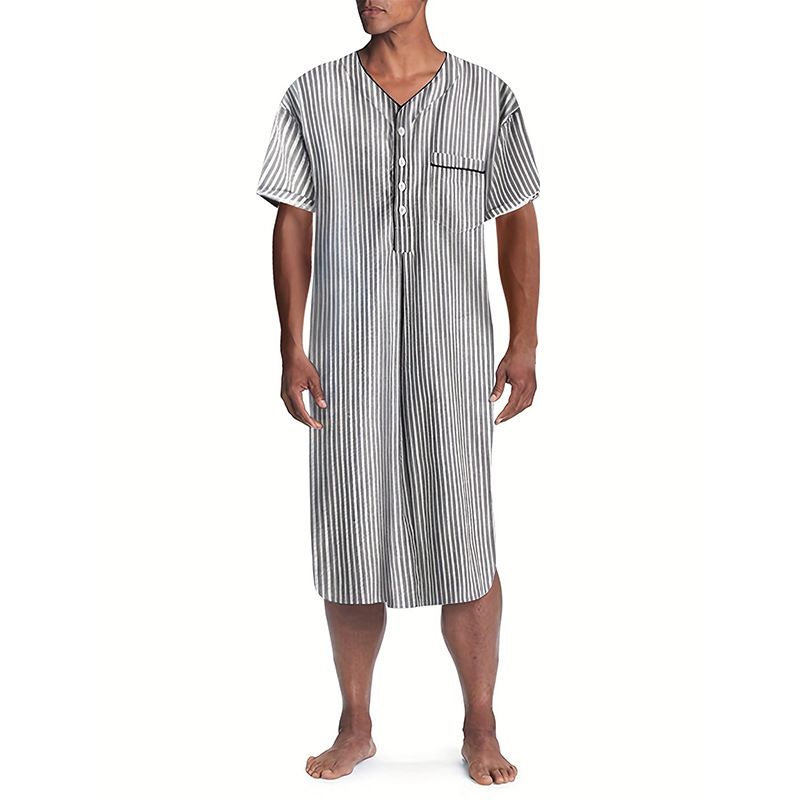 Men's Clothing Striped V Neck Button Casual Loose Home Clothes_viptrois.com