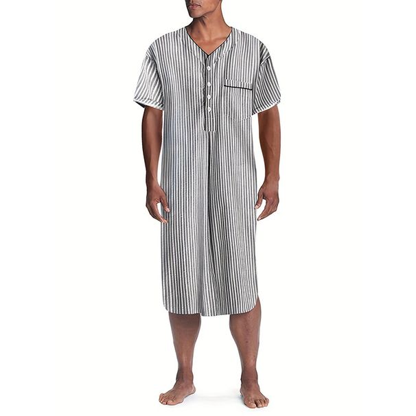 Men's Clothing Striped V Neck Button Casual Loose Home Clothes_viptrois.com