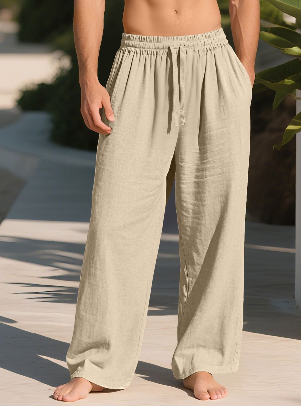 Men's Loose Fitting Linen Wide Leg Casual Beach Pants Straight Leg Swimwear_viptrois.com