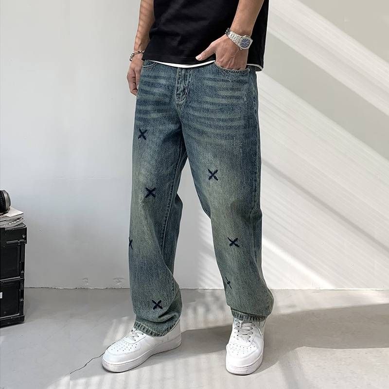 Men's Clothing Heavy Embroidery Straight Pants Washed Jeans Men's High Street Fashion Retro Loose Casual Mopping Trousers_viptrois.com