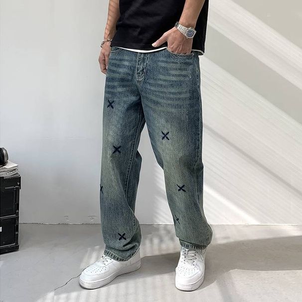 Men's Clothing Heavy Embroidery Straight Pants Washed Jeans Men's High Street Fashion Retro Loose Casual Mopping Trousers_viptrois.com