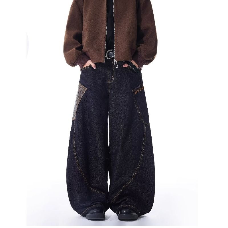 Men's Clothing Blue Straight Jeans Men And Women Spring New Style Cat Whisker Design Loose Wide Leg Casual Long Pants_viptrois.com