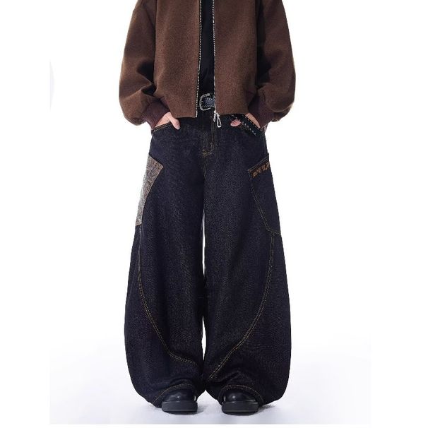 Men's Clothing Blue Straight Jeans Men And Women Spring New Style Cat Whisker Design Loose Wide Leg Casual Long Pants_viptrois.com