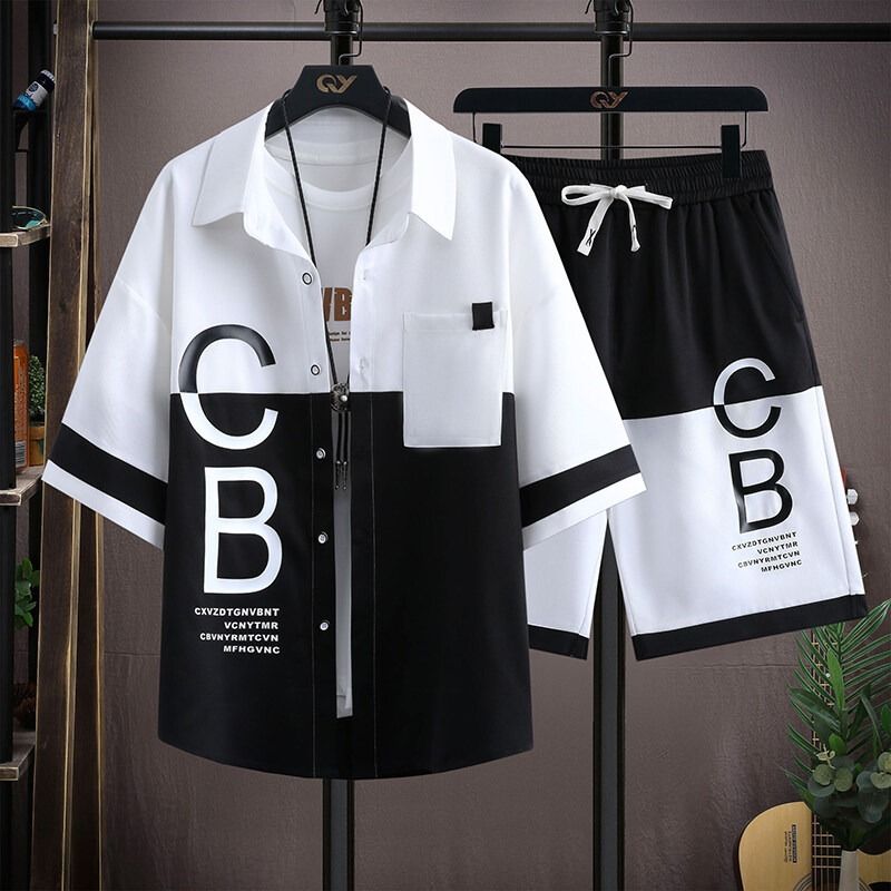 Men's Clothing Thin Shirt Suit Youth Fashion Trend Short Sleeved Shorts Handsome Shirt Two Piece Suit_viptrois.com