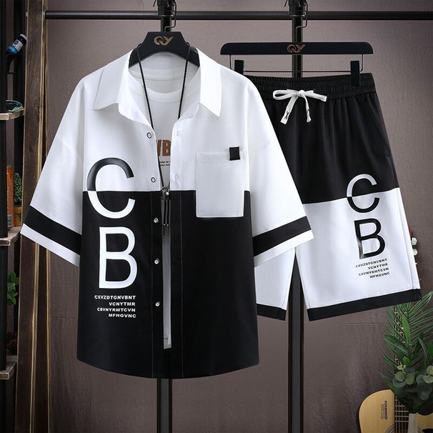 Men's Clothing Thin Shirt Suit Youth Fashion Trend Short Sleeved Shorts Handsome Shirt Two Piece Suit_viptrois.com