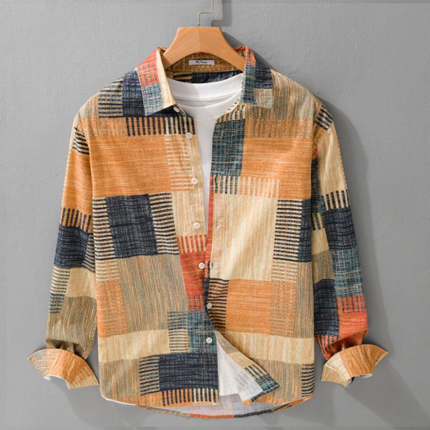 Retro Vintage Fashion Printed Long Sleeved Shirt For Men, Trendy Artistic Casual Loose Top For Men_viptrois.com