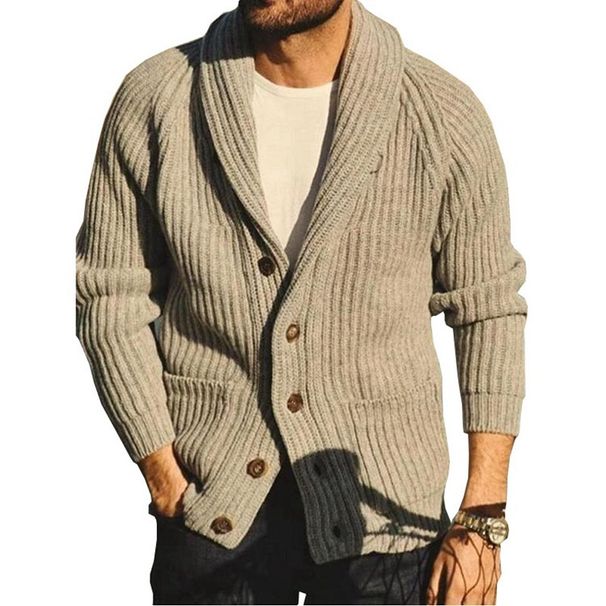 Men's Clothing Fashion Retro Sweater Hot Sale Solid Color Mature Men's Solid Color Lapel Long Sleeve Outer Wear Knitted Sweater_viptrois.com