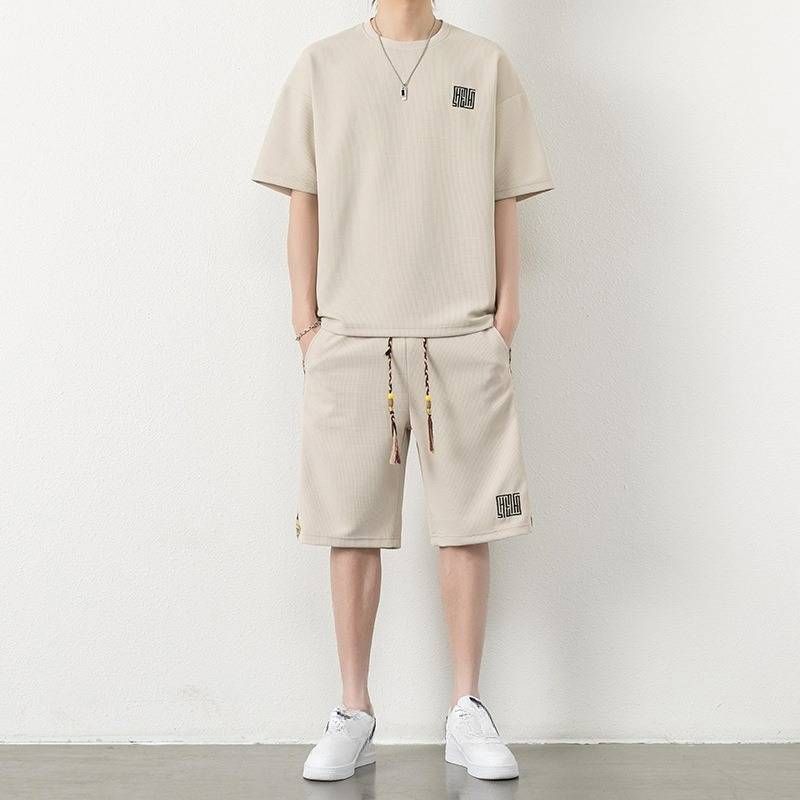 Men's Clothing New Waffle Summer Large Size Casual Short Sleeved Trendy Suit For Boys Breathable Versatile Handsome Loose Sportswear_viptrois.com