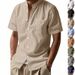 25 European And American Men's Summer Loose Linen Cardigan Solid Color Casual Stand-up Collar Beach Short-sleeved Shirt_viptrois.com