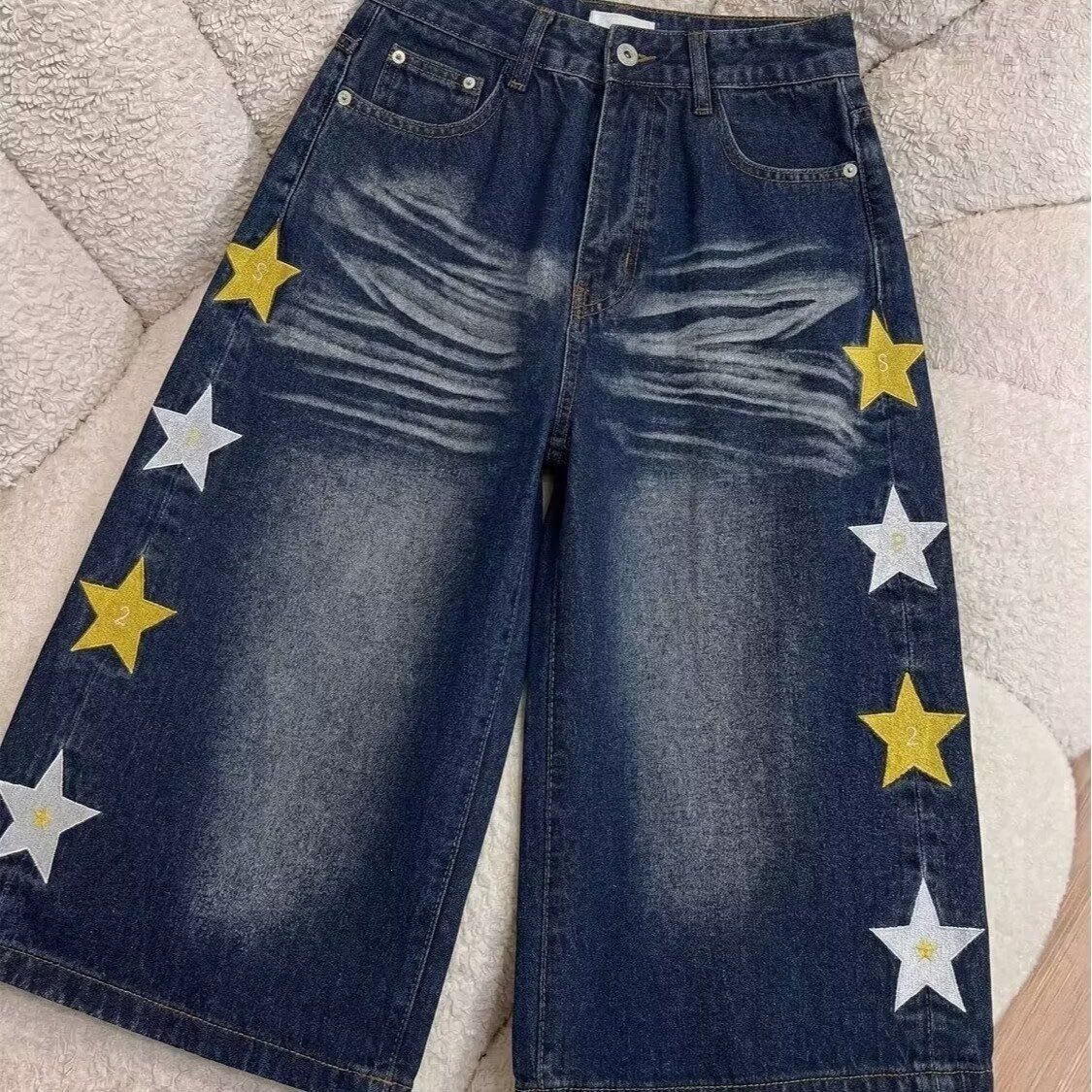 Men's High Waist Relaxed Fit Denim Shorts With Vintage Faded Starfish Print, Casual Wide Leg Cropped Beach Trousers_viptrois.com