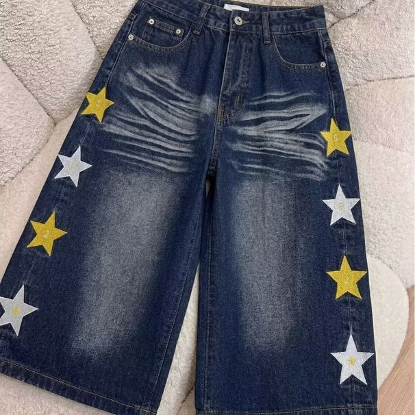 Men's High Waist Relaxed Fit Denim Shorts With Vintage Faded Starfish Print, Casual Wide Leg Cropped Beach Trousers_viptrois.com