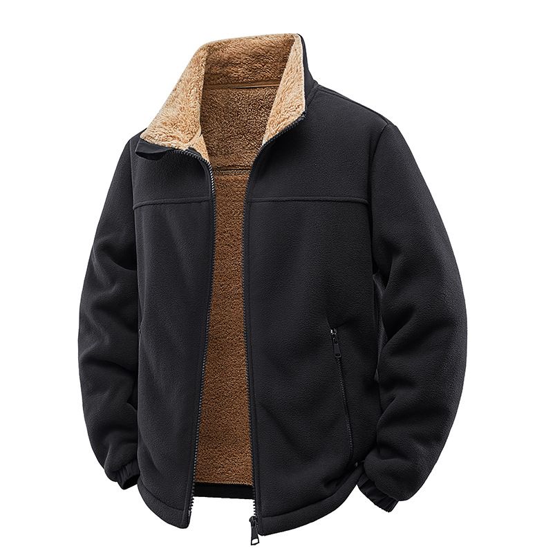 Men's Fleece Stand Collar Jacket – Thickened Polar Fleece Zip-Up Coat, Oversized Casual Sweatshirt With Soft Sherpa Lining For Autumn & Winter_viptrois.com