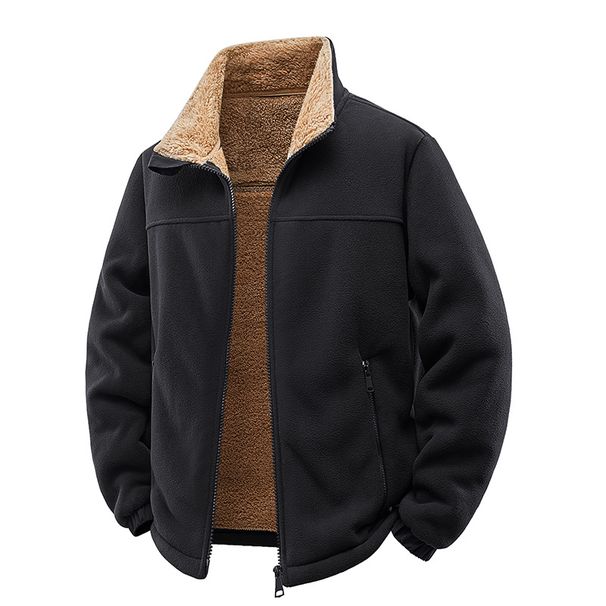 Men's Fleece Stand Collar Jacket – Thickened Polar Fleece Zip-Up Coat, Oversized Casual Sweatshirt With Soft Sherpa Lining For Autumn & Winter_viptrois.com