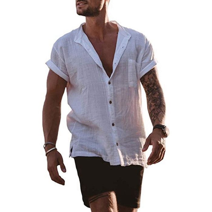 2025 Summer Men's Solid Cotton Cardigan Loose Short Sleeve Pocket Simple Casual Shirt For Men_viptrois.com