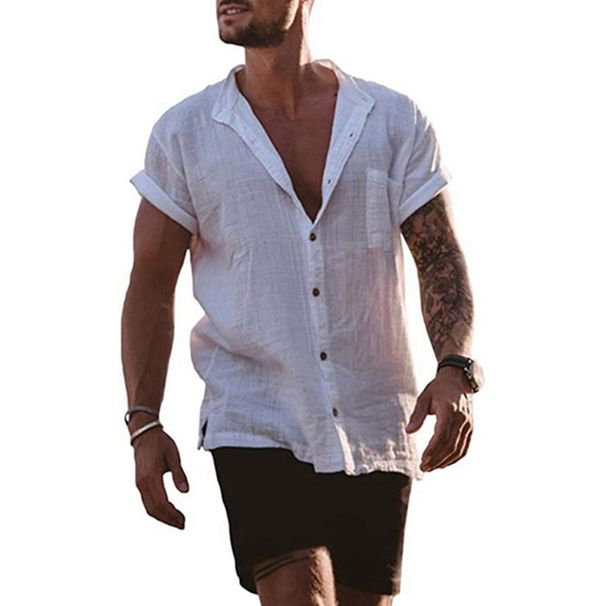 2025 Summer Men's Solid Cotton Cardigan Loose Short Sleeve Pocket Simple Casual Shirt For Men_viptrois.com
