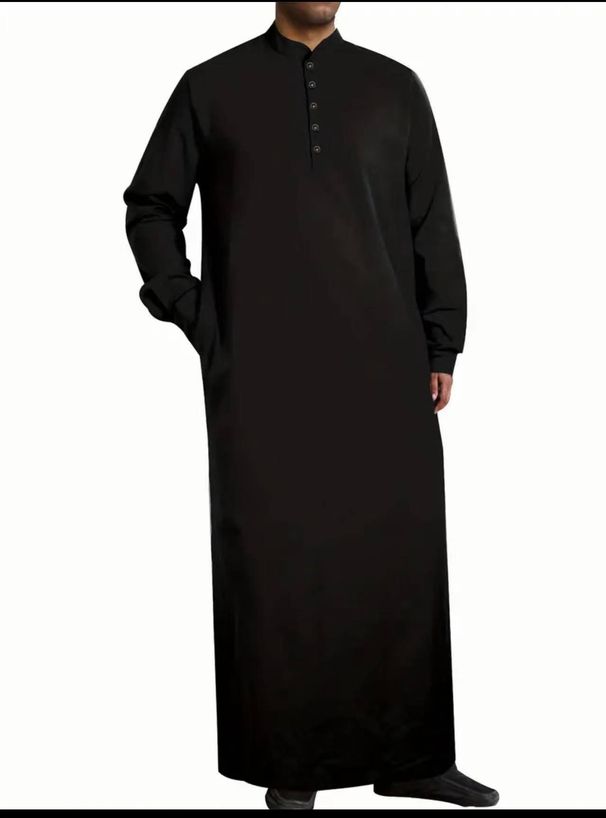Men's Clothing Simple Long Stand Collar Button Muslim Robe_viptrois.com