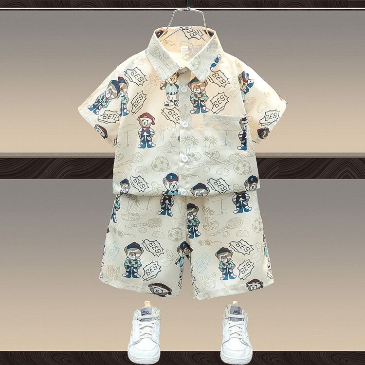 Mother & Kids Boys Summer Wear Bear Shirt Suit Casual Short Sleeved Two Piece Suit Trendy_viptrois.com