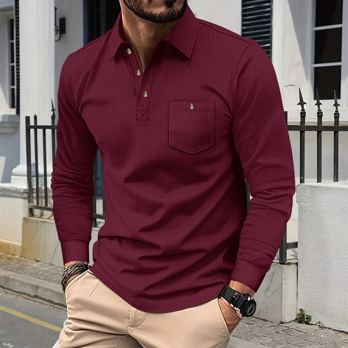 Classic Waffle-Knit Polo Shirt – Long Sleeve Button-Up Collar With Pocket (Khaki/Black/Grey/Wine/Green/White, S-XXXL)_viptrois.com