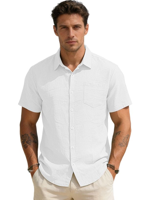 2026 Men's Loose Solid Color Sleeveless Collar Short Sleeve Pockets Cardigan Shirt Casual Shirt For Men_viptrois.com