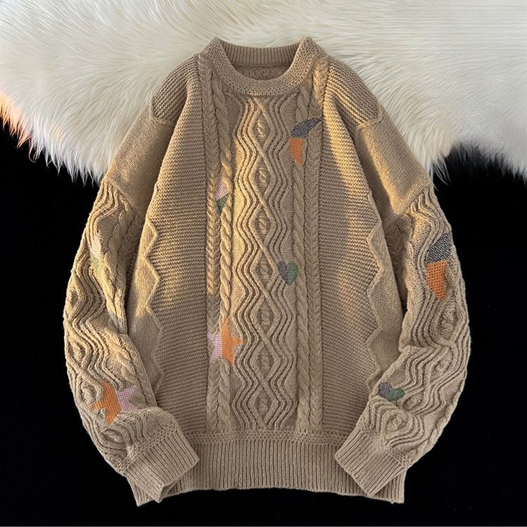 Cable Knit Crewneck Sweater – Vintage-Inspired Oversized Pullover With Textured Stitch Detail_viptrois.com
