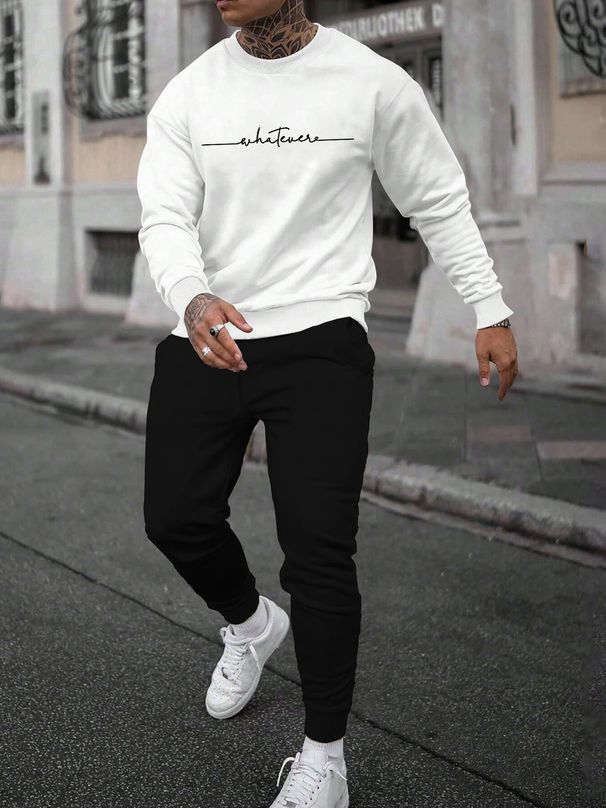 Men's Autumn And Winter Casual Warm Simple Letter Printed Loose Thick Velvet Round Neck Sports Shirt+sports Pants Set_viptrois.com