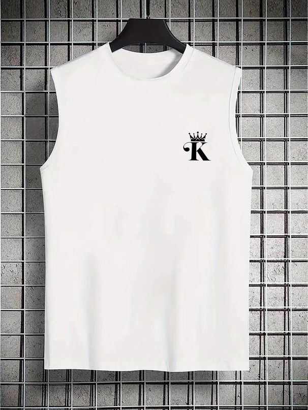 100% Pure Cotton Men's Summer Casual Sports Fitness Loose K Pattern Printed Breathable Round Neck Sleeveless Vest_viptrois.com