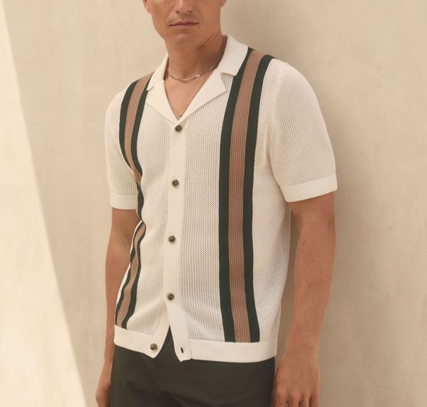 Summer New Breathable Hollow Men's Striped Knitted Top Polo Shirt_viptrois.com