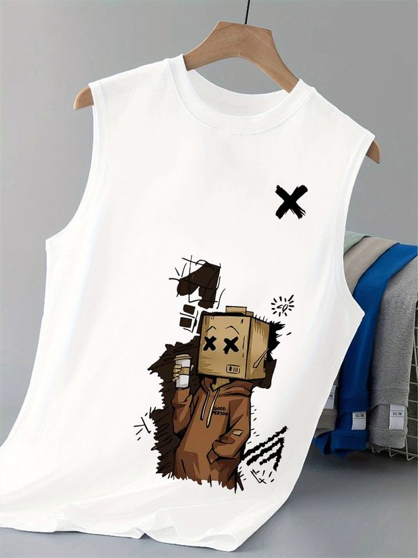 100% Pure Cotton Men's Summer Leisure Sports Fitness Loose Street Graffiti Style Cardboard Box Breathable Round Neck Sleeveless Vest_viptrois.com