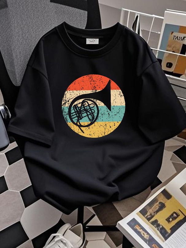 French Horn T-Shirt - French Horn Musical Instrument Silhouette Retro Band Shirt Comfortable Summer Designer Clothes Fashion Top For Everyday Wear_viptrois.com