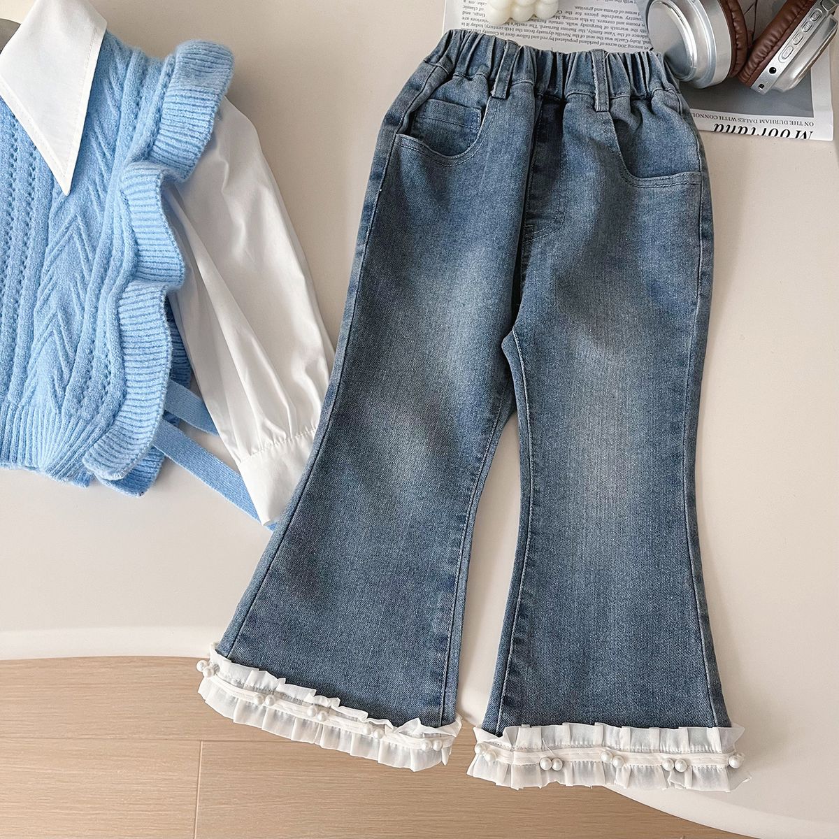 Mother & Kids Girls Spring Suit Long Sleeve 2025 New Children's Fashion Knitted Vest Shirt Suit With Lace Jeans_viptrois.com