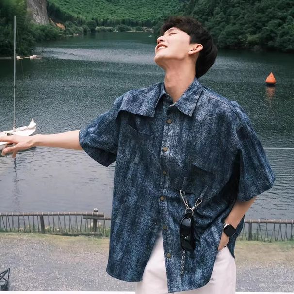 Men's Clothing Cool Feel Distressed Tie Dye Denim Short Sleeved Shirt, New Summer Style, American Retro Shirt Jacket For Men._viptrois.com