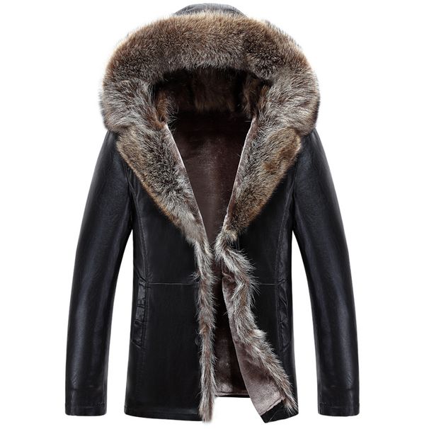 Winter Coat Thickened Fur One Pu Leather Middle-aged Men's Raccoon Dog Big Hair Collar Sheep Trimmed Fur Coat_viptrois.com