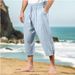 Men's Clothing Casual Summer Waist Drawstring Multi Pocket Cotton And Linen Cropped Trousers Beach Pants_viptrois.com