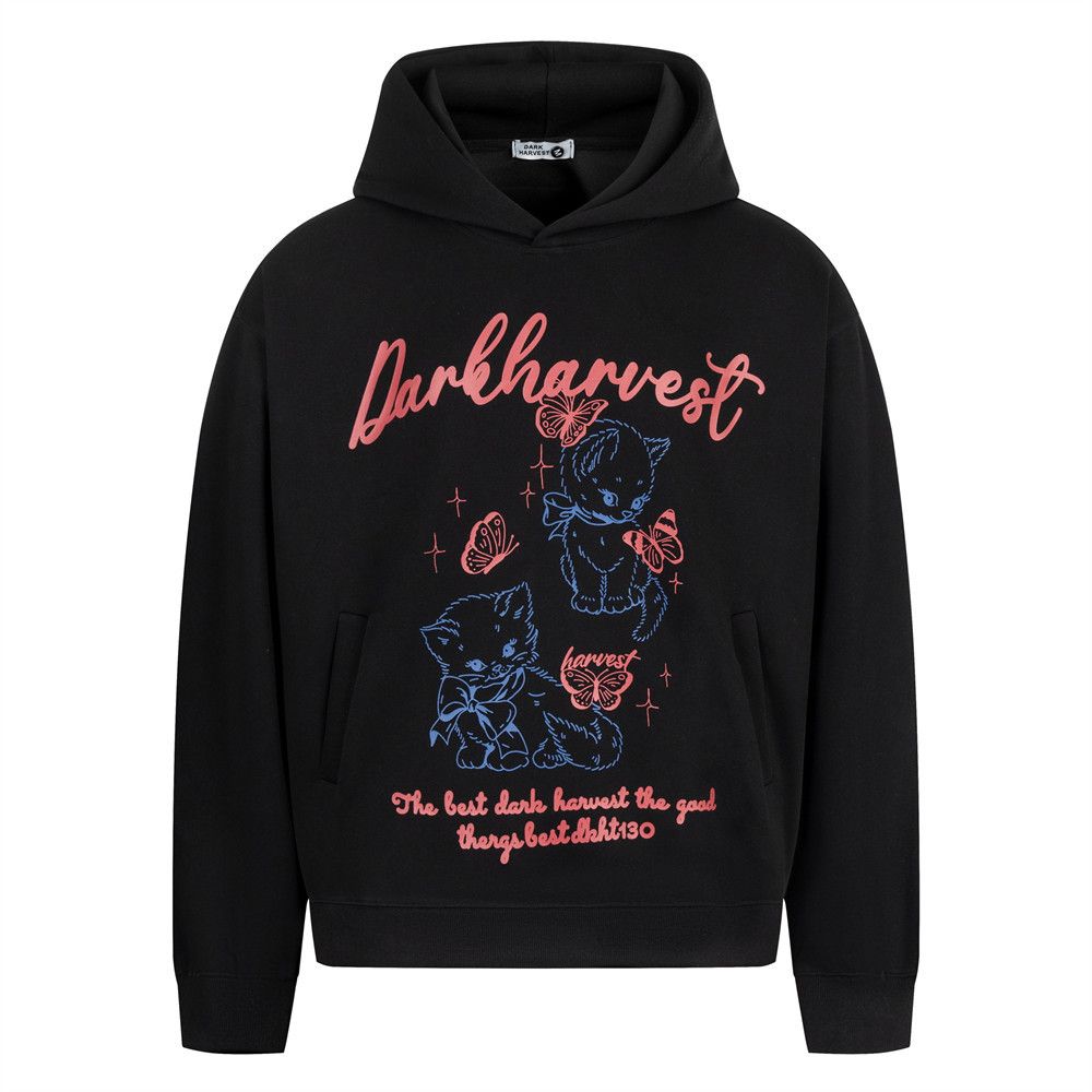 Cartoon Cat Print Hoodie Pullover Loose Fit Spring Autumn Men's Vibe Trendy Niche Long Sleeve Sweatshirt_viptrois.com