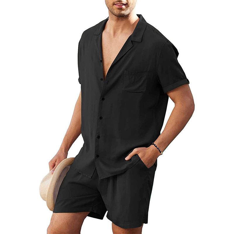 Men's Clothing Linen Short Sleeve Shirt Set Burlap Summer Loose Casual Cotton Cardigan Shirt Shorts_viptrois.com