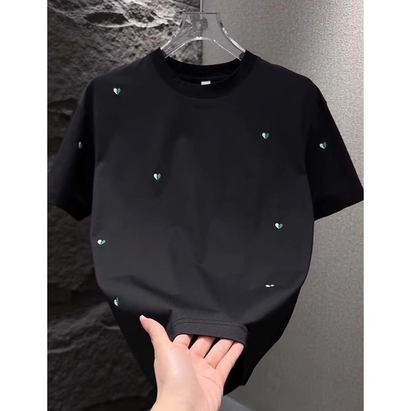 Heart-shaped Embroidered T-shirt, Men's Short-sleeved, Summer Trendy Brand, Elastic, Slimming And Versatile T-shirt_viptrois.com