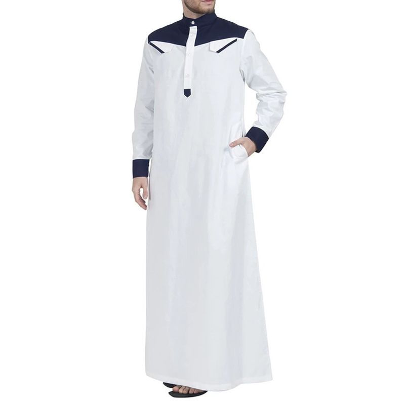 Men'S Muslim Men'S Wear Middle East Loose Collar Contrast Long-Sleeved National Style One-Piece Robe_viptrois.com