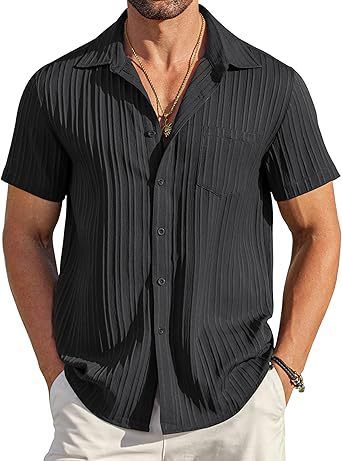 Men's Clothing Men's Clothing New Men's Shirt Loose And Comfortable Textured Shirt Vertical Striped Short Sleeved Pocket Shirt_viptrois.com