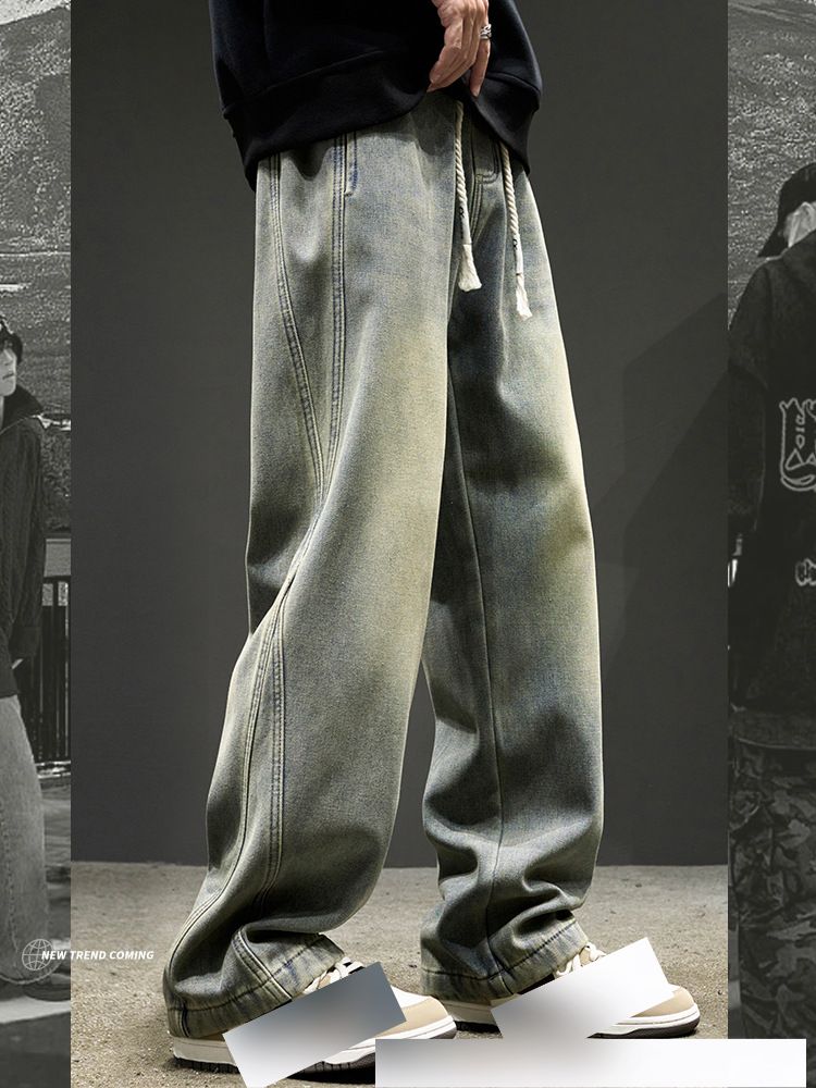 Men's Clothing Jeans Men Spring And Autumn New Loose Straight Pants American Retro Washed Stitching Trendy Brand Pants_viptrois.com