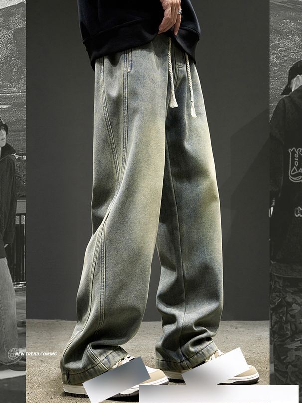 Men's Clothing Jeans Men Spring And Autumn New Loose Straight Pants American Retro Washed Stitching Trendy Brand Pants_viptrois.com